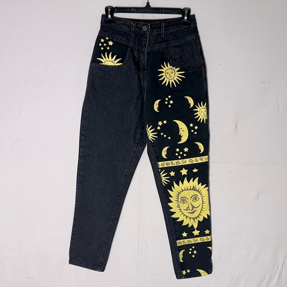 Vintage 90s Whimsigoth Washed Black High Rise Jeans With Sun Moon Stars 24